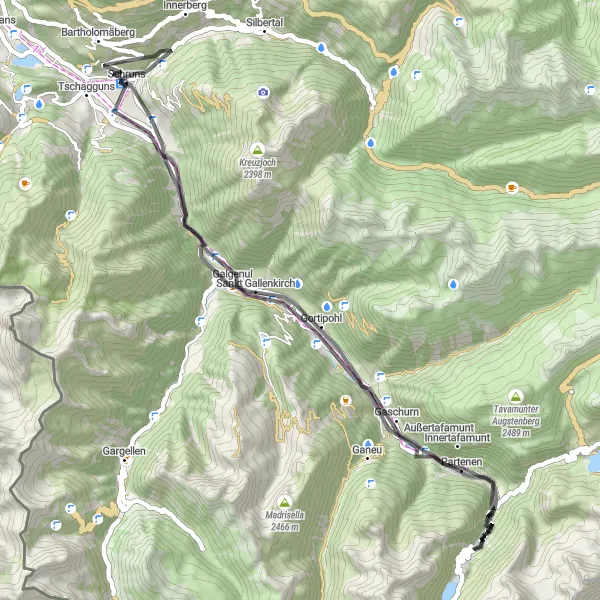 Map miniature of "Schruns and beyond" cycling inspiration in Vorarlberg, Austria. Generated by Tarmacs.app cycling route planner