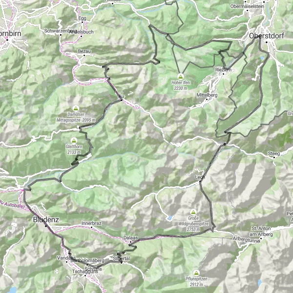 Miniature de la carte de l'inspiration cycliste "Aventure à travers Bludenz et Riezlern" dans la Vorarlberg, Austria. Générée par le planificateur d'itinéraire cycliste Tarmacs.app