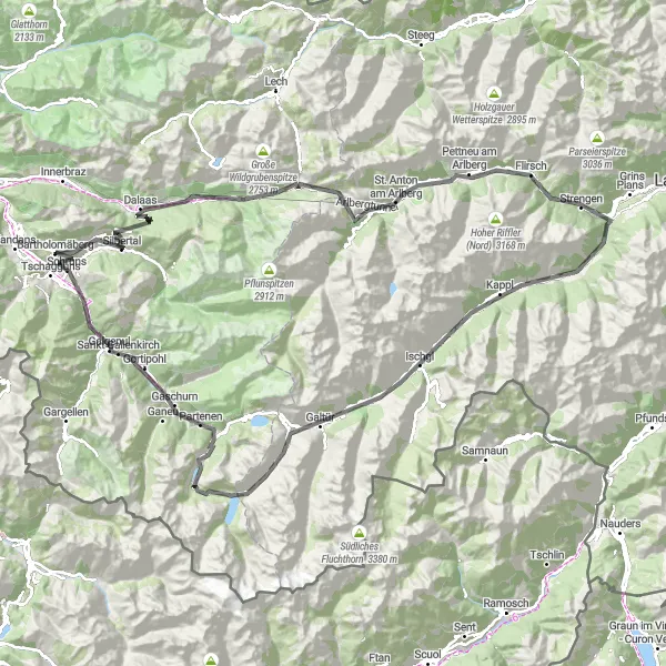Miniature de la carte de l'inspiration cycliste "Boucle à travers Silbertal et Ischgl" dans la Vorarlberg, Austria. Générée par le planificateur d'itinéraire cycliste Tarmacs.app