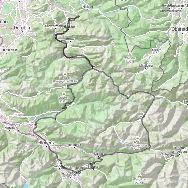 Map miniature of "Alpine Pass Challenge" cycling inspiration in Vorarlberg, Austria. Generated by Tarmacs.app cycling route planner