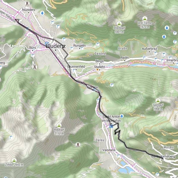 Miniatua del mapa de inspiración ciclista "Ruta panorámica de Bartholomäberg" en Vorarlberg, Austria. Generado por Tarmacs.app planificador de rutas ciclistas