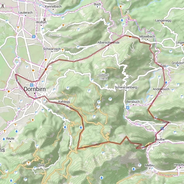 Miniatua del mapa de inspiración ciclista "Ruta Gravel desde Bezau a Alberschwende" en Vorarlberg, Austria. Generado por Tarmacs.app planificador de rutas ciclistas