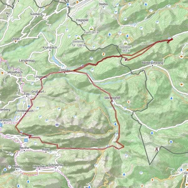 Miniatura della mappa di ispirazione al ciclismo "Giro in bicicletta tra Hittisau e Sibratsgfäll" nella regione di Vorarlberg, Austria. Generata da Tarmacs.app, pianificatore di rotte ciclistiche