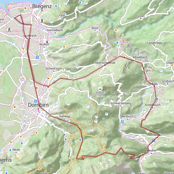 Karten-Miniaturansicht der Radinspiration "Gravel Tour rund um Bezau" in Vorarlberg, Austria. Erstellt vom Tarmacs.app-Routenplaner für Radtouren