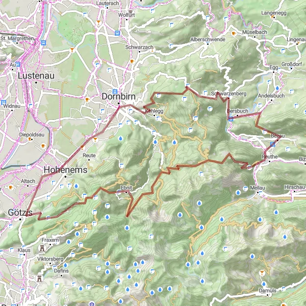 Miniaturní mapa "Gravel Trasa Bezau - Hohenems" inspirace pro cyklisty v oblasti Vorarlberg, Austria. Vytvořeno pomocí plánovače tras Tarmacs.app