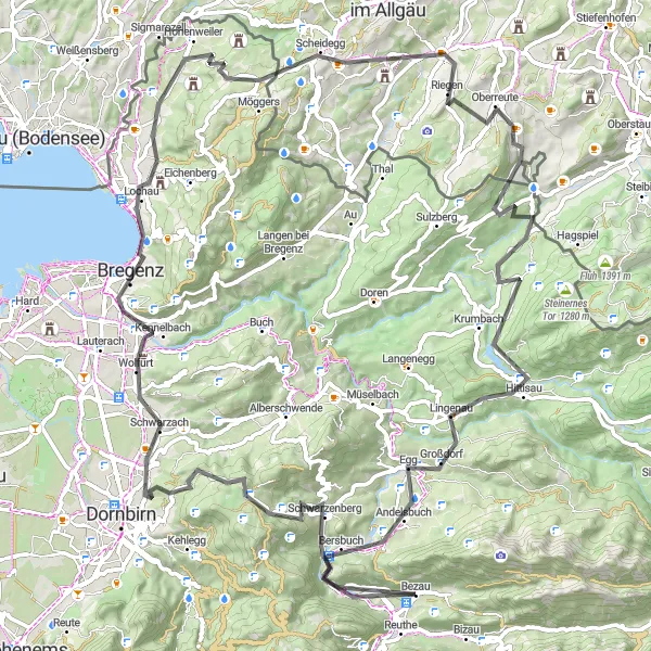 Map miniature of "Bezau Loop via Schwarzenberg and Andelsbuch" cycling inspiration in Vorarlberg, Austria. Generated by Tarmacs.app cycling route planner