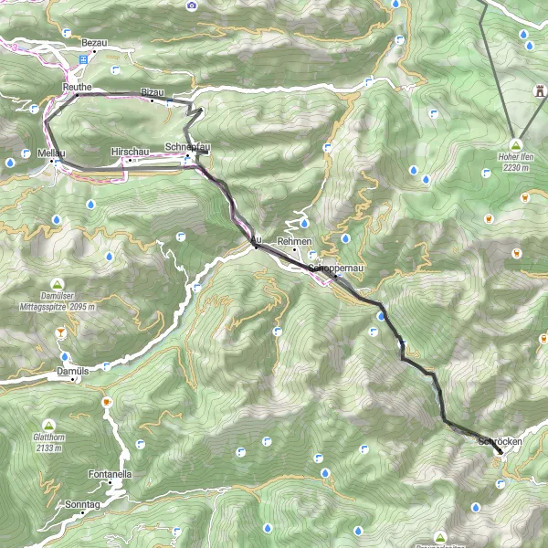 Map miniature of "Bezau Loop via Schnepfegg and Schoppernau" cycling inspiration in Vorarlberg, Austria. Generated by Tarmacs.app cycling route planner