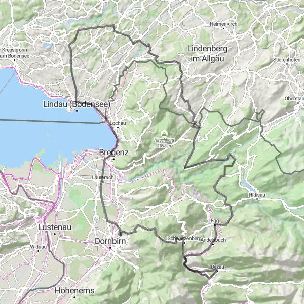 Miniatura della mappa di ispirazione al ciclismo "Avventura in bici da Bezau a Bregenz" nella regione di Vorarlberg, Austria. Generata da Tarmacs.app, pianificatore di rotte ciclistiche