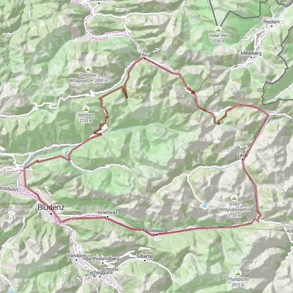 Mapa miniatúra "Gravel bike through the Alps" cyklistická inšpirácia v Vorarlberg, Austria. Vygenerované cyklistickým plánovačom trás Tarmacs.app