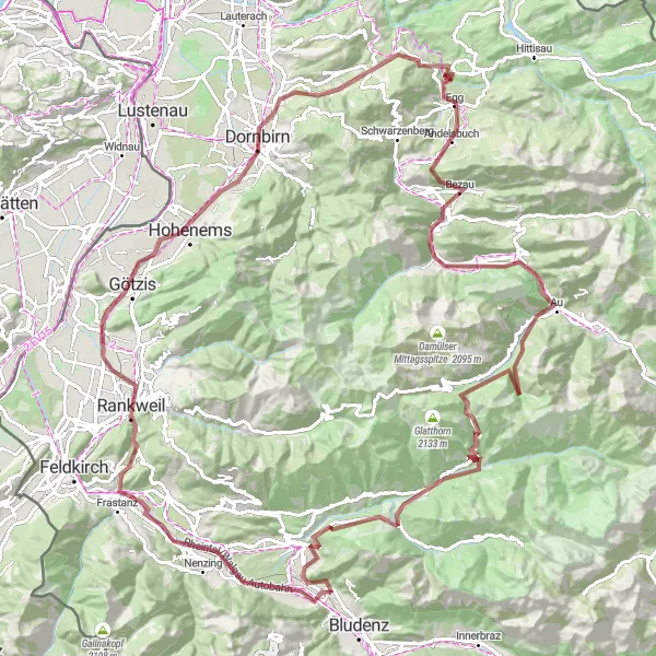 Miniatua del mapa de inspiración ciclista "Ruta de ciclismo de montaña en grava desde Bludenz a Ludesch" en Vorarlberg, Austria. Generado por Tarmacs.app planificador de rutas ciclistas
