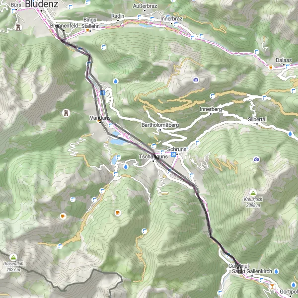 Miniatua del mapa de inspiración ciclista "Ruta de ciclismo alpino en carretera de Bludenz a Schruns" en Vorarlberg, Austria. Generado por Tarmacs.app planificador de rutas ciclistas