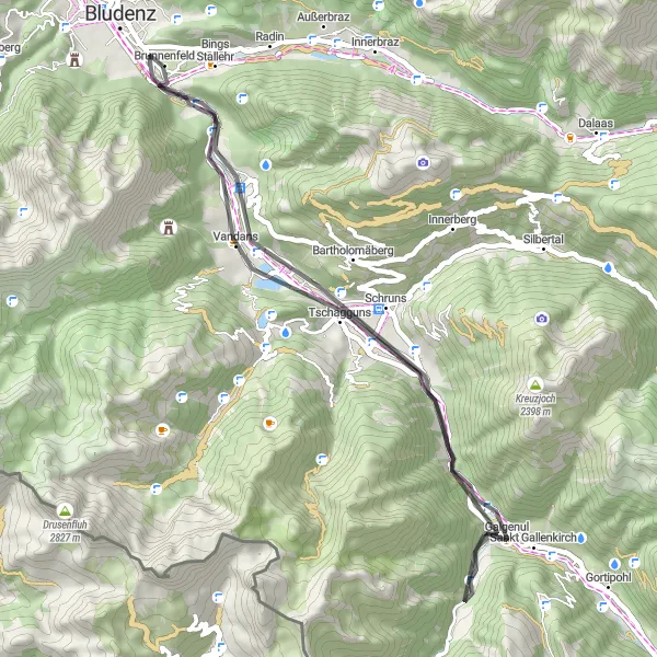 Karttaminiaatyyri "Luonnonkauneutta ja rauhallisia maisemia" pyöräilyinspiraatiosta alueella Vorarlberg, Austria. Luotu Tarmacs.app pyöräilyreittisuunnittelijalla