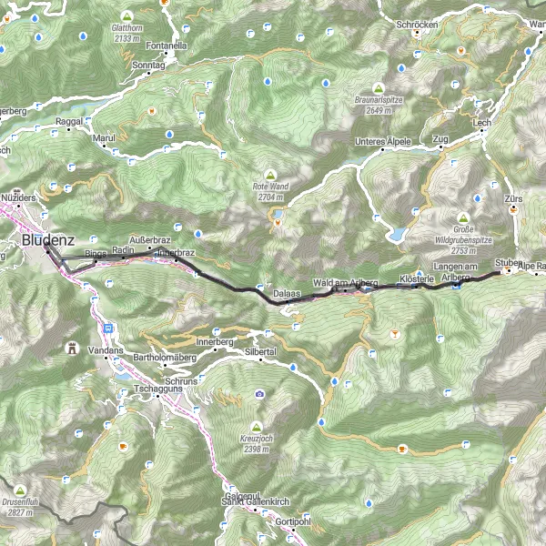 Karten-Miniaturansicht der Radinspiration "Arlbergrunde für Road-Biker" in Vorarlberg, Austria. Erstellt vom Tarmacs.app-Routenplaner für Radtouren