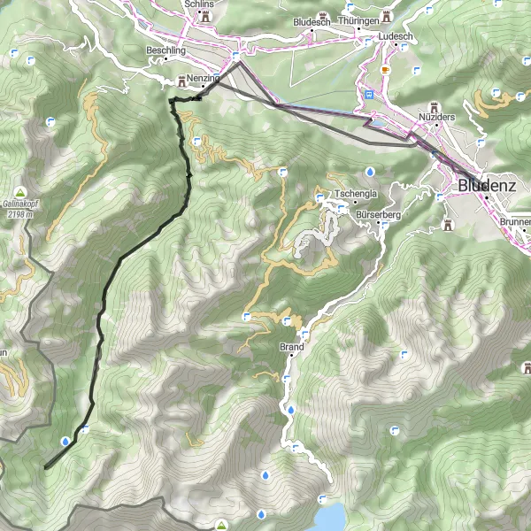 Miniature de la carte de l'inspiration cycliste "Tour du Stüberfall" dans la Vorarlberg, Austria. Générée par le planificateur d'itinéraire cycliste Tarmacs.app