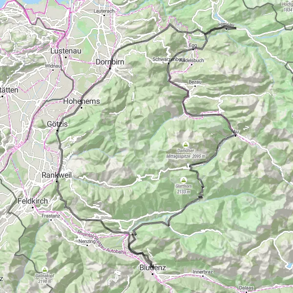 Zemljevid v pomanjšavi "Izzivna kolesarska pot z raznolikimi razgledi" kolesarske inspiracije v Vorarlberg, Austria. Generirano z načrtovalcem kolesarskih poti Tarmacs.app