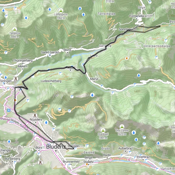 Karttaminiaatyyri "Nüziders - Känzele - Fontanella Cycling Expedition" pyöräilyinspiraatiosta alueella Vorarlberg, Austria. Luotu Tarmacs.app pyöräilyreittisuunnittelijalla