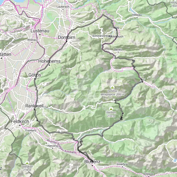 Zemljevid v pomanjšavi "Uživanje v naravi in kulturi na kolesu" kolesarske inspiracije v Vorarlberg, Austria. Generirano z načrtovalcem kolesarskih poti Tarmacs.app