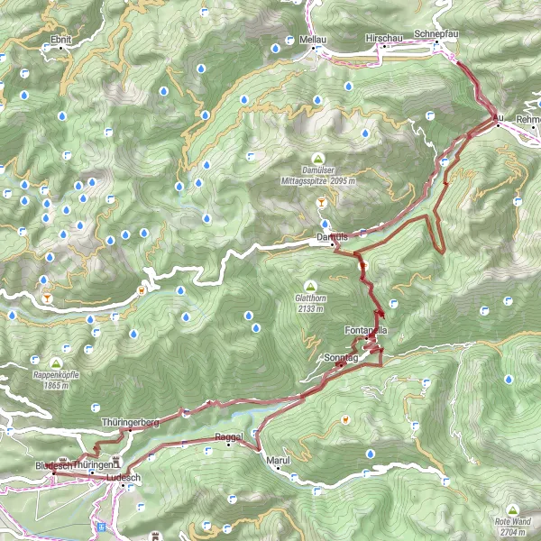 Miniatura della mappa di ispirazione al ciclismo "Avventura Gravel attraverso le Alpi" nella regione di Vorarlberg, Austria. Generata da Tarmacs.app, pianificatore di rotte ciclistiche