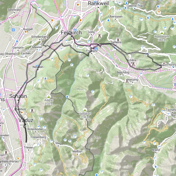 Miniatura della mappa di ispirazione al ciclismo "Viaggio in bici tra tradizione e storia" nella regione di Vorarlberg, Austria. Generata da Tarmacs.app, pianificatore di rotte ciclistiche