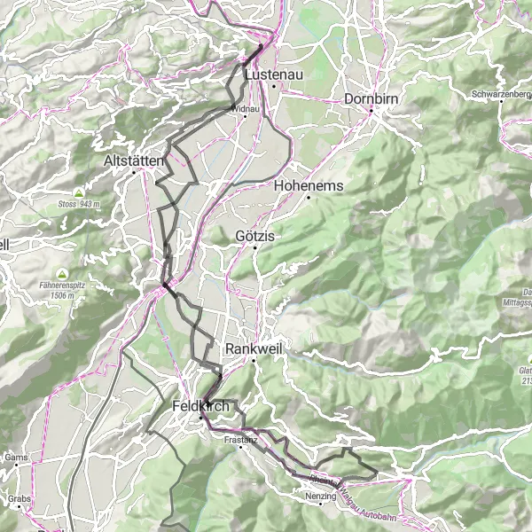 Karttaminiaatyyri "Laaja kierros Vorarlbergin historiallisissa kohteissa" pyöräilyinspiraatiosta alueella Vorarlberg, Austria. Luotu Tarmacs.app pyöräilyreittisuunnittelijalla