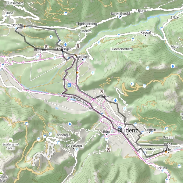 Miniatura della mappa di ispirazione al ciclismo "Esplorazione delle valli Vorarlberg in sella" nella regione di Vorarlberg, Austria. Generata da Tarmacs.app, pianificatore di rotte ciclistiche