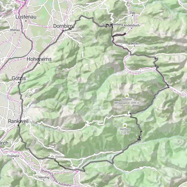 Miniatuurkaart van de fietsinspiratie "Verken de Oostenrijkse Bergen" in Vorarlberg, Austria. Gemaakt door de Tarmacs.app fietsrouteplanner