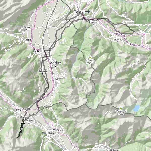 Kartminiatyr av "Oppdagelsesvei gjennom Liechtenstein og Sargans" sykkelinspirasjon i Vorarlberg, Austria. Generert av Tarmacs.app sykkelrutoplanlegger