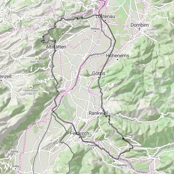 Mapa miniatúra "Historky z horskej cesty" cyklistická inšpirácia v Vorarlberg, Austria. Vygenerované cyklistickým plánovačom trás Tarmacs.app