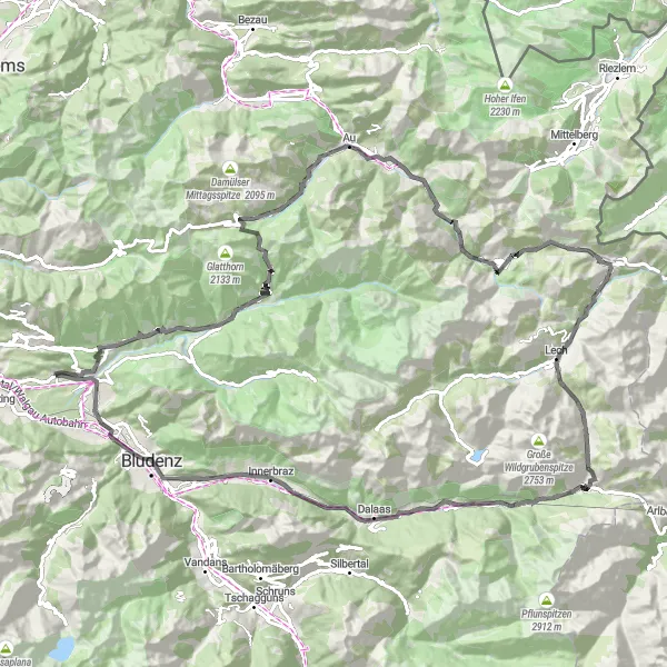 Miniatura della mappa di ispirazione al ciclismo "Giro panoramico delle Alpi Vorarlberg" nella regione di Vorarlberg, Austria. Generata da Tarmacs.app, pianificatore di rotte ciclistiche