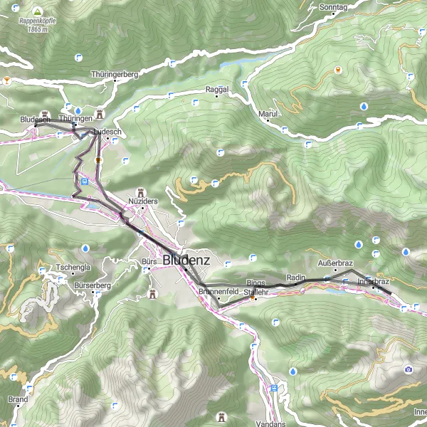 Miniatura della mappa di ispirazione al ciclismo "Tour cicloturistico tra natura e cultura" nella regione di Vorarlberg, Austria. Generata da Tarmacs.app, pianificatore di rotte ciclistiche