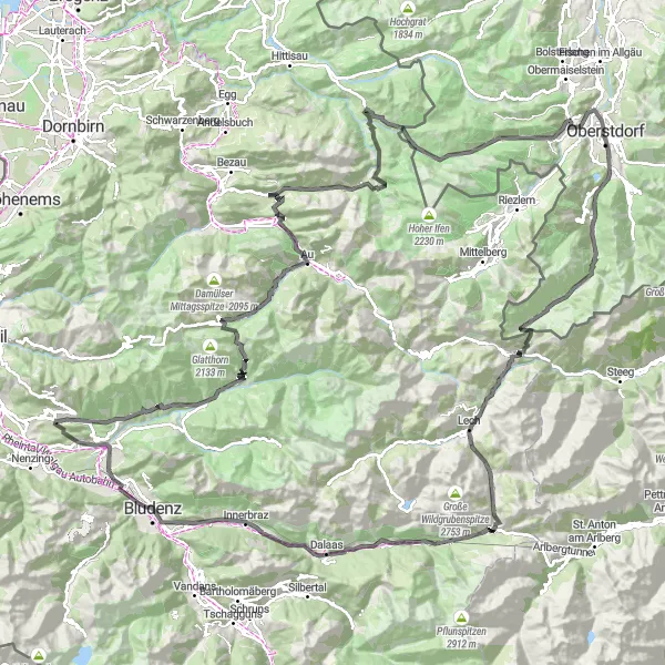 Map miniature of "Bludesch - Schnifis - Faschinajoch - Faschina - Au - Schnepfegg - Sevischrofen - Sibratsgfäll - Rohrmoossattel - Rohrmoos - Hofmannsruh - Anatswald - Schrofenpass - Warth - Zürs - Flexenpass - Schnauzlberg - Klösterle - Sankt Leonhard - Känzele - Bludesch Round Trip Cycling Route" cycling inspiration in Vorarlberg, Austria. Generated by Tarmacs.app cycling route planner