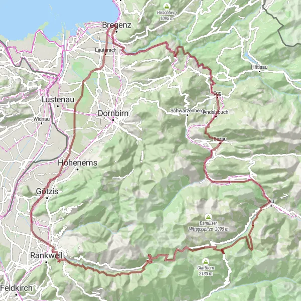 Miniaturní mapa "Náročná cesta horským terénem" inspirace pro cyklisty v oblasti Vorarlberg, Austria. Vytvořeno pomocí plánovače tras Tarmacs.app