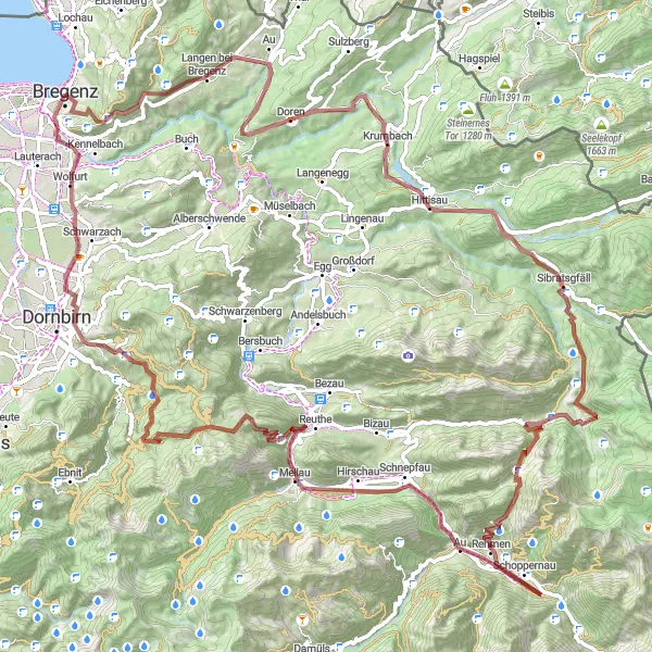 Miniatua del mapa de inspiración ciclista "Aventura en bicicleta de grava explorando las montañas cerca de Bregenz" en Vorarlberg, Austria. Generado por Tarmacs.app planificador de rutas ciclistas