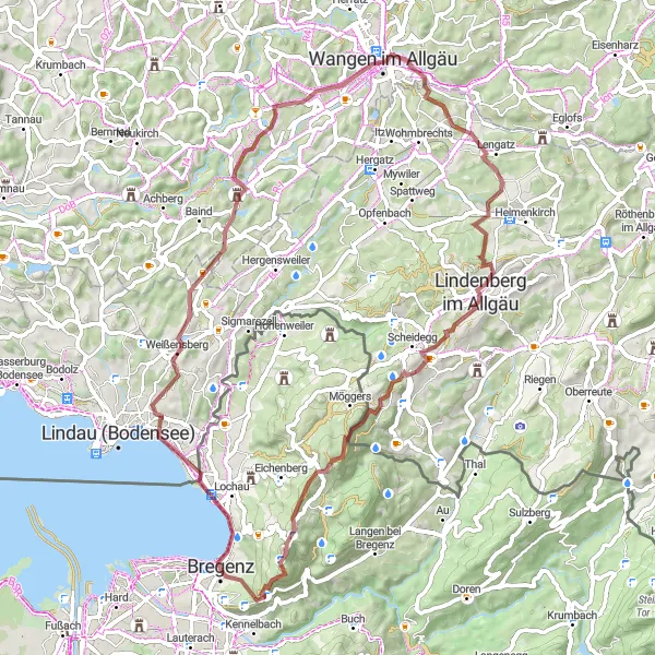 Miniatua del mapa de inspiración ciclista "Ruta de ciclismo de grava por encantadores pueblos cerca de Bregenz" en Vorarlberg, Austria. Generado por Tarmacs.app planificador de rutas ciclistas
