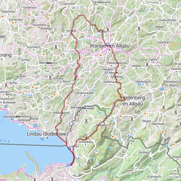 Miniatua del mapa de inspiración ciclista "Expedición en bicicleta de grava hacia Drei Eichen y más cerca de Bregenz" en Vorarlberg, Austria. Generado por Tarmacs.app planificador de rutas ciclistas