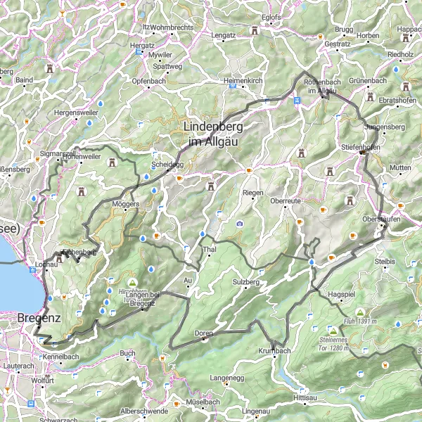 Karttaminiaatyyri "Bregenz - Langen bei Bregenz Road Cycling Route" pyöräilyinspiraatiosta alueella Vorarlberg, Austria. Luotu Tarmacs.app pyöräilyreittisuunnittelijalla