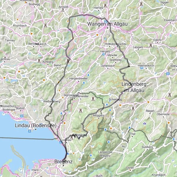 Miniature de la carte de l'inspiration cycliste "Exploration du Vorarlberg en Vélo de Route" dans la Vorarlberg, Austria. Générée par le planificateur d'itinéraire cycliste Tarmacs.app