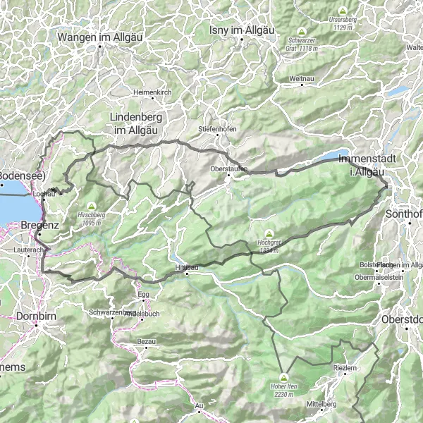 Kartminiatyr av "Landeveien rundt Bregenz og Vorarlberg" sykkelinspirasjon i Vorarlberg, Austria. Generert av Tarmacs.app sykkelrutoplanlegger