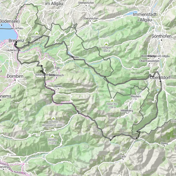 Miniatura della mappa di ispirazione al ciclismo "Giro delle Cime di Bregenz" nella regione di Vorarlberg, Austria. Generata da Tarmacs.app, pianificatore di rotte ciclistiche