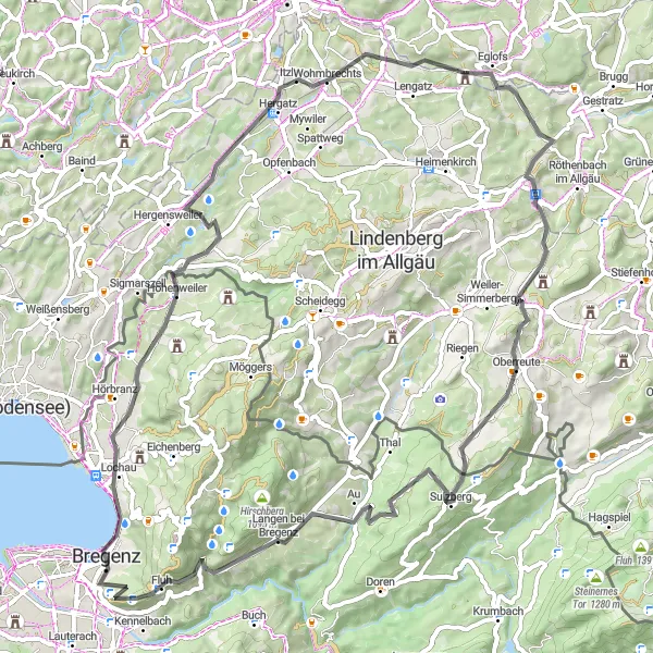 Mapa miniatúra "Cesta cez kopce okolo Bregenzu" cyklistická inšpirácia v Vorarlberg, Austria. Vygenerované cyklistickým plánovačom trás Tarmacs.app
