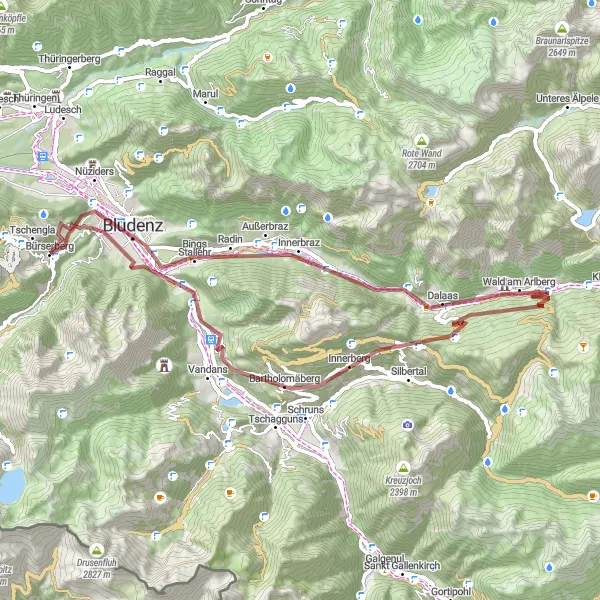 Karttaminiaatyyri "Vaellusreitti Fürkelesta Bürsiin" pyöräilyinspiraatiosta alueella Vorarlberg, Austria. Luotu Tarmacs.app pyöräilyreittisuunnittelijalla