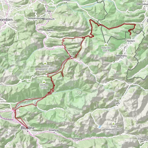 Miniature de la carte de l'inspiration cycliste "Tour de Montagne Bürs" dans la Vorarlberg, Austria. Générée par le planificateur d'itinéraire cycliste Tarmacs.app