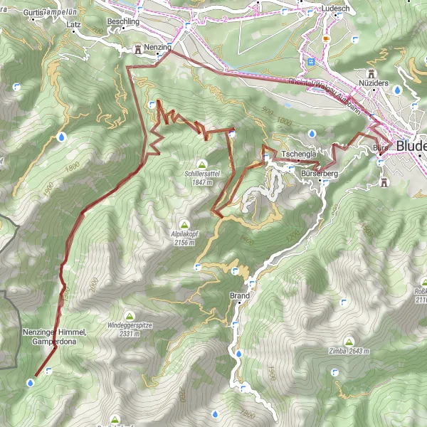 Karttaminiaatyyri "Seikkailullinen kierros Bürserbergin ympäristössä" pyöräilyinspiraatiosta alueella Vorarlberg, Austria. Luotu Tarmacs.app pyöräilyreittisuunnittelijalla