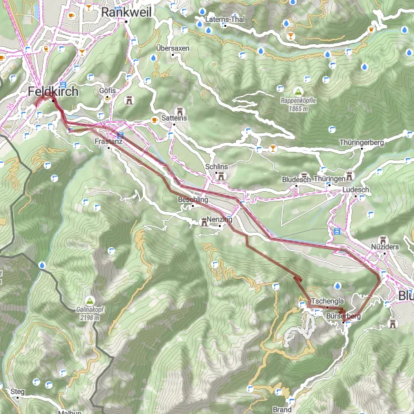 Miniatua del mapa de inspiración ciclista "Ruta de Grava con Ascenso Moderado" en Vorarlberg, Austria. Generado por Tarmacs.app planificador de rutas ciclistas