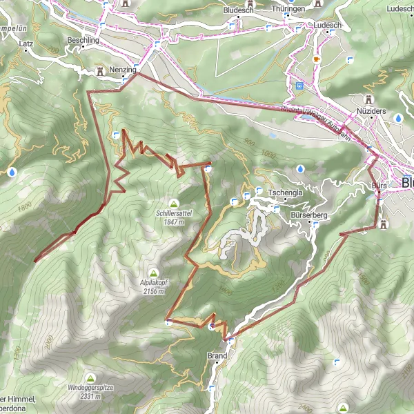 Miniaturní mapa "Gravel Trasa okolo Bürs" inspirace pro cyklisty v oblasti Vorarlberg, Austria. Vytvořeno pomocí plánovače tras Tarmacs.app