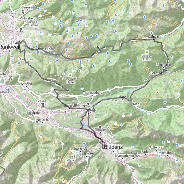 Miniatura della mappa di ispirazione al ciclismo "Avventura ciclistica attraverso Dünserberg e Furkajoch" nella regione di Vorarlberg, Austria. Generata da Tarmacs.app, pianificatore di rotte ciclistiche