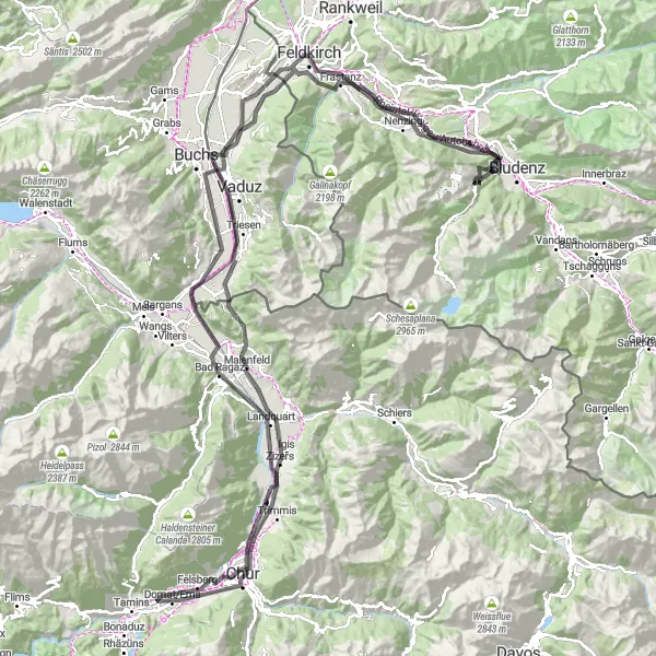 Miniatua del mapa de inspiración ciclista "Aventura por los Castillos de Vorarlberg" en Vorarlberg, Austria. Generado por Tarmacs.app planificador de rutas ciclistas