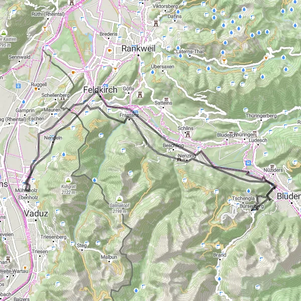 Miniature de la carte de l'inspiration cycliste "Panoramic Route Nüziders to Bürserberg" dans la Vorarlberg, Austria. Générée par le planificateur d'itinéraire cycliste Tarmacs.app
