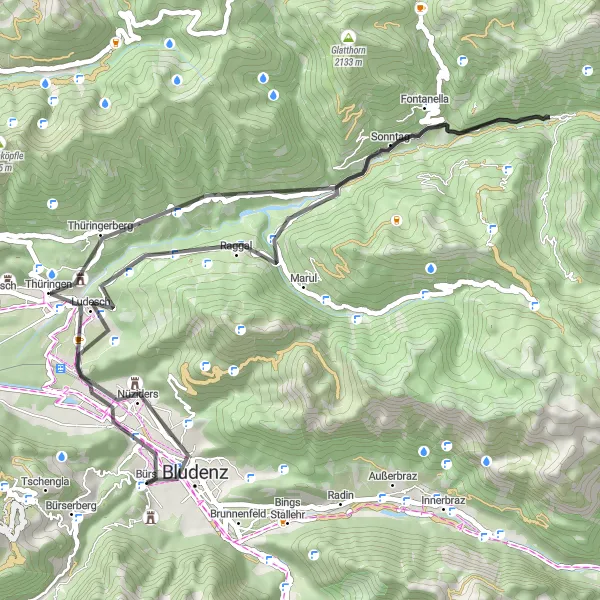 Karten-Miniaturansicht der Radinspiration "Bürs - Bludenz - Känzele - Raggal - Fontanella - Postelkopf - Blons - Burgruine Blumenegg - Fürkele" in Vorarlberg, Austria. Erstellt vom Tarmacs.app-Routenplaner für Radtouren