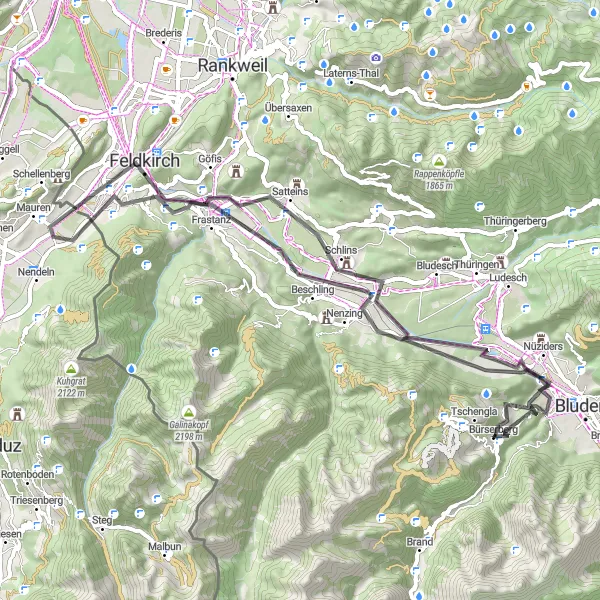 Miniature de la carte de l'inspiration cycliste "Road Adventure Nüziders to Bürserberg" dans la Vorarlberg, Austria. Générée par le planificateur d'itinéraire cycliste Tarmacs.app